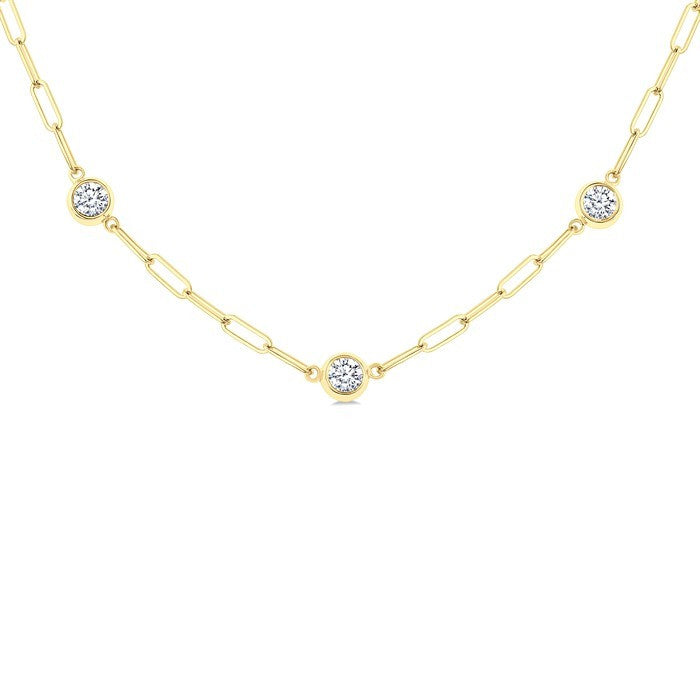 1 Ctw Bezel Set Round Cut Diamond Paperclip Station Necklace in 14K Yellow Gold
