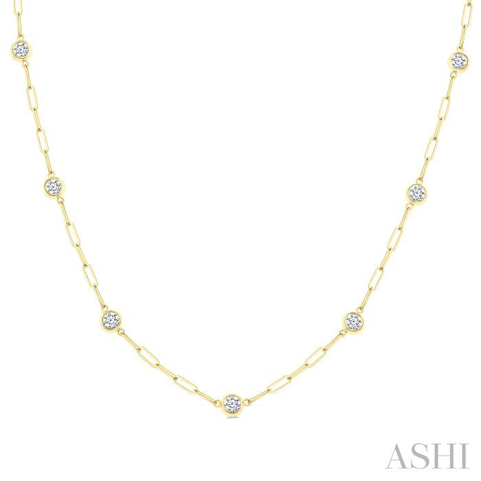1 Ctw Bezel Set Round Cut Diamond Paperclip Station Necklace in 14K Yellow Gold
