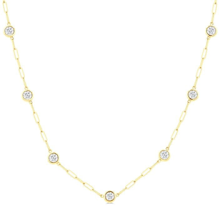 2 Ctw Bezel Set Round Cut Diamond Paperclip Station Necklace in 14K Yellow Gold