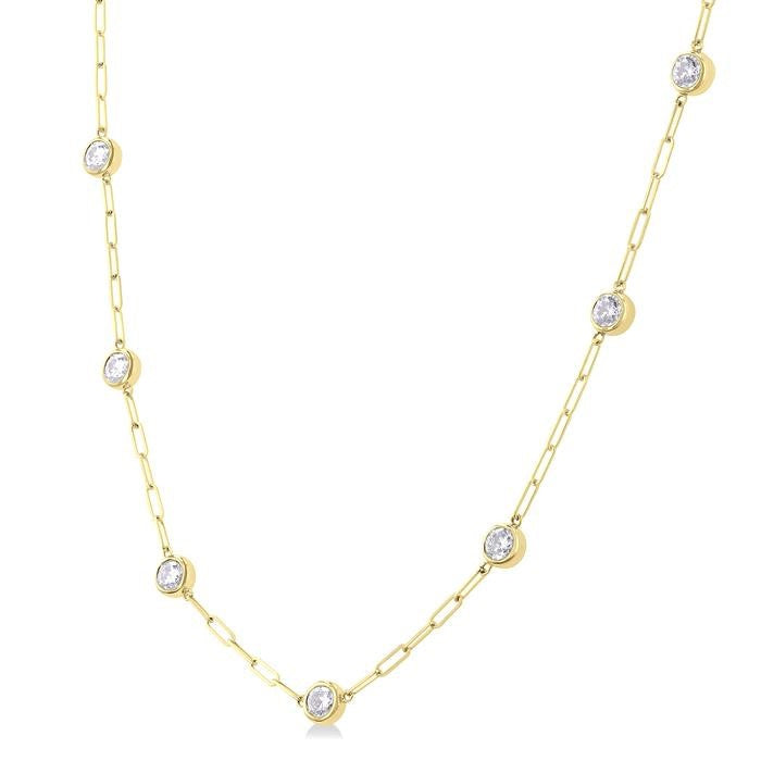 2 Ctw Bezel Set Round Cut Diamond Paperclip Station Necklace in 14K Yellow Gold