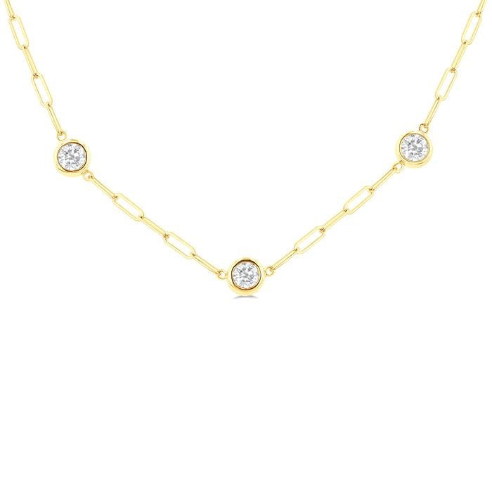 2 Ctw Bezel Set Round Cut Diamond Paperclip Station Necklace in 14K Yellow Gold