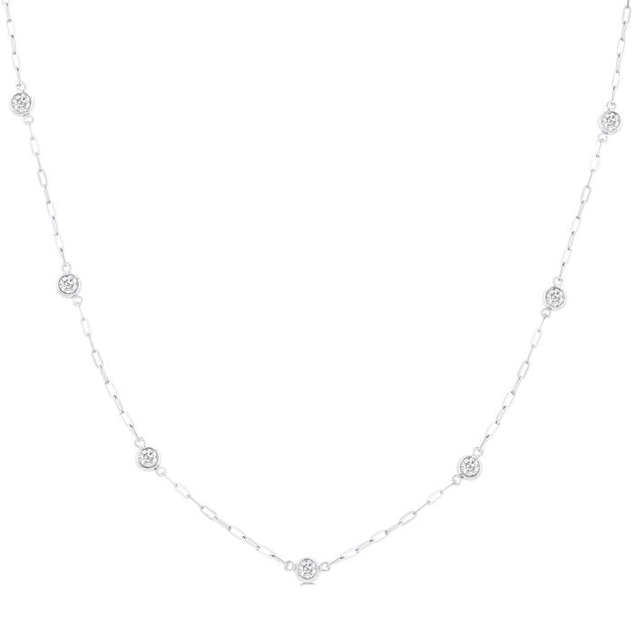 1/2 Ctw Bezel Set Round Cut Diamond Paperclip Station Necklace in 14K White Gold