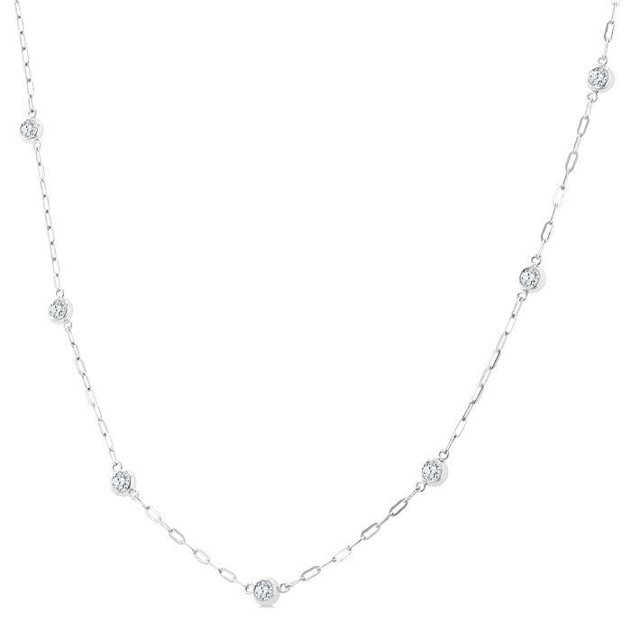 1/2 Ctw Bezel Set Round Cut Diamond Paperclip Station Necklace in 14K White Gold