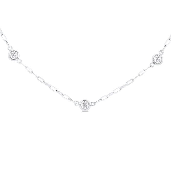 1/2 Ctw Bezel Set Round Cut Diamond Paperclip Station Necklace in 14K White Gold