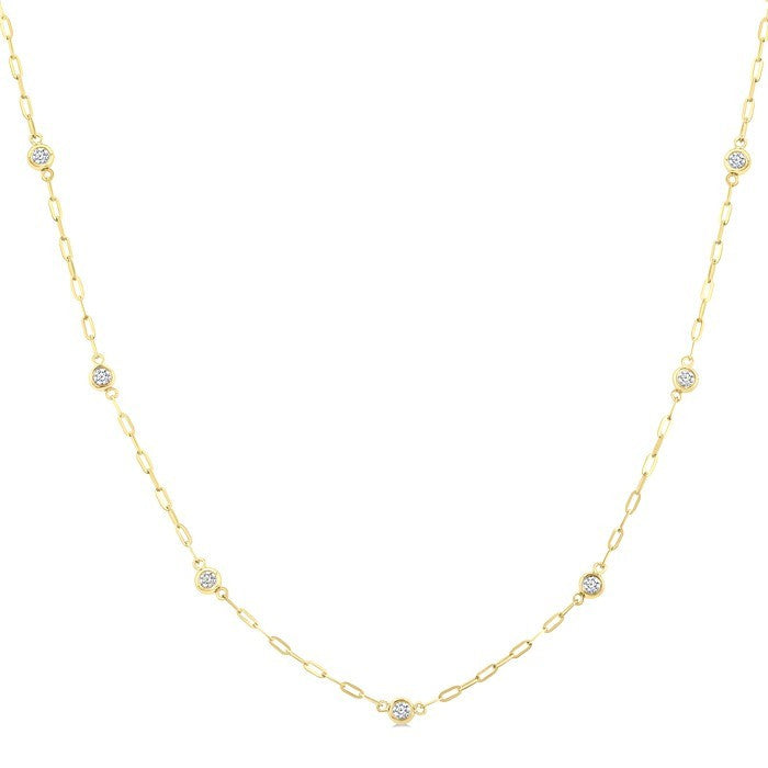 1/4 Ctw Bezel Set Round Cut Diamond Paperclip Station Necklace in 14K Yellow Gold