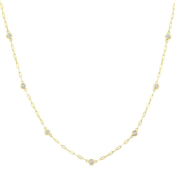 1/4 Ctw Bezel Set Round Cut Diamond Paperclip Station Necklace in 14K Yellow Gold
