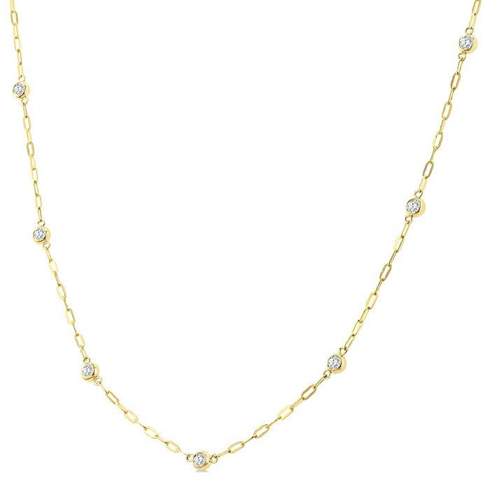 1/4 Ctw Bezel Set Round Cut Diamond Paperclip Station Necklace in 14K Yellow Gold
