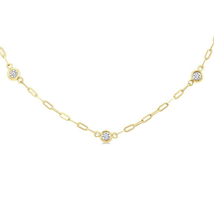 1/4 Ctw Bezel Set Round Cut Diamond Paperclip Station Necklace in 14K Yellow Gold