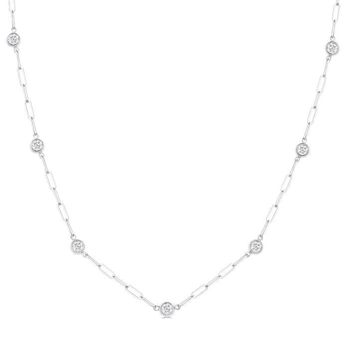 3/4 Ctw Bezel Set Round Cut Diamond Paperclip Station Necklace in 14K White Gold