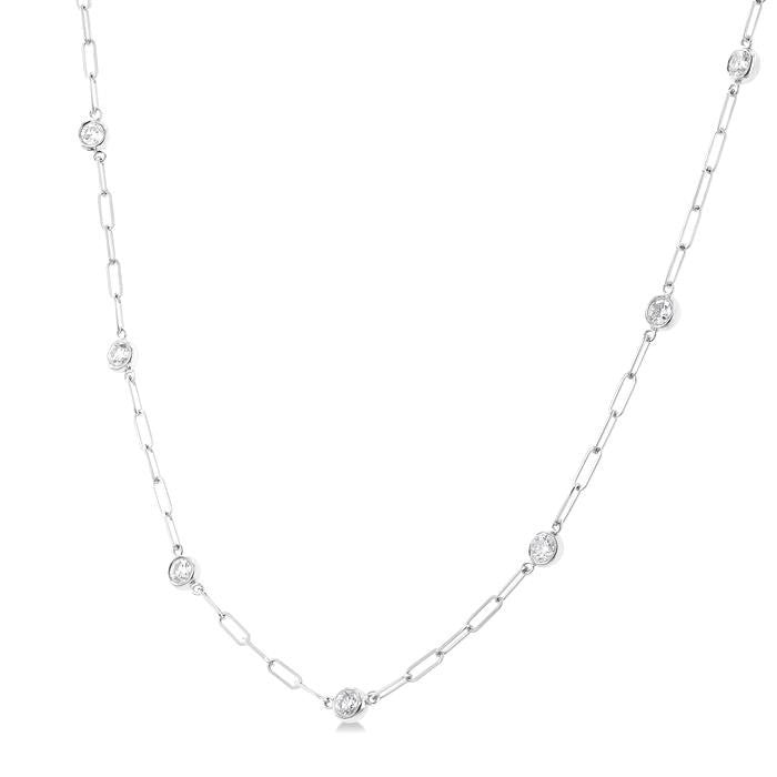 3/4 Ctw Bezel Set Round Cut Diamond Paperclip Station Necklace in 14K White Gold