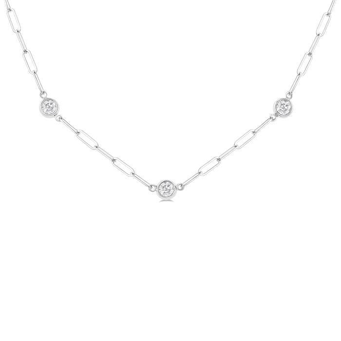 3/4 Ctw Bezel Set Round Cut Diamond Paperclip Station Necklace in 14K White Gold
