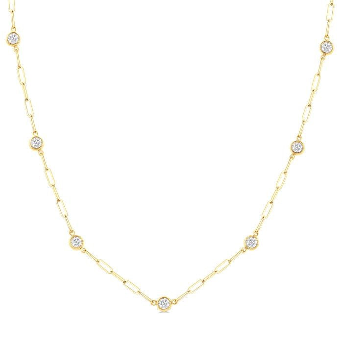 3/4 Ctw Bezel Set Round Cut Diamond Paperclip Station Necklace in 14K Yellow Gold
