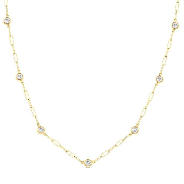 3/4 Ctw Bezel Set Round Cut Diamond Paperclip Station Necklace in 14K Yellow Gold