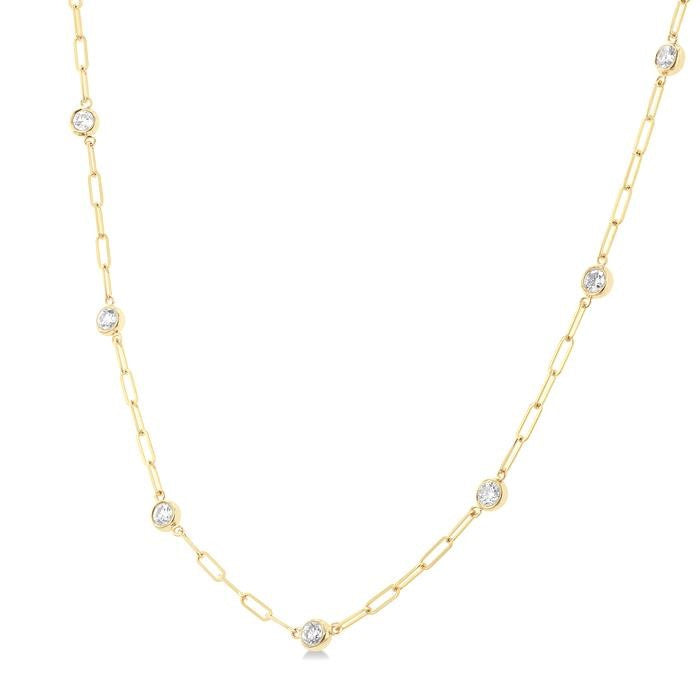 3/4 Ctw Bezel Set Round Cut Diamond Paperclip Station Necklace in 14K Yellow Gold