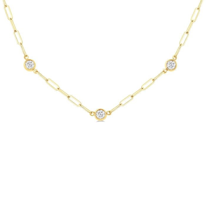 3/4 Ctw Bezel Set Round Cut Diamond Paperclip Station Necklace in 14K Yellow Gold