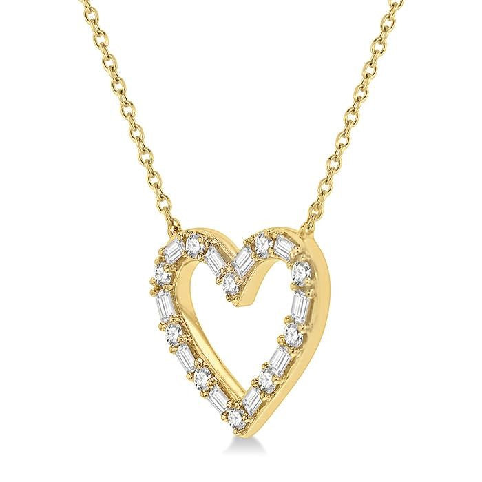 1/2 Ctw Heart Charm Baguette and Round Cut Diamond Pendant With Chain in 14K Yellow Gold