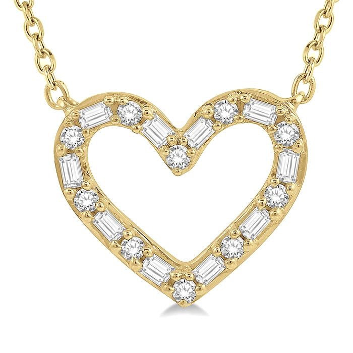 1/2 Ctw Heart Charm Baguette and Round Cut Diamond Pendant With Chain in 14K Yellow Gold
