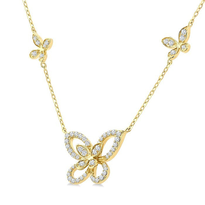 1/3 Ctw Butterfly Motif Round Cut Diamond Fashion Station Necklace in 10K Yellow Gold