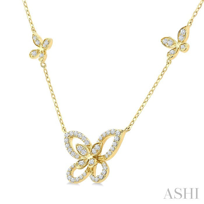 1/3 Ctw Butterfly Motif Round Cut Diamond Fashion Station Necklace in 10K Yellow Gold