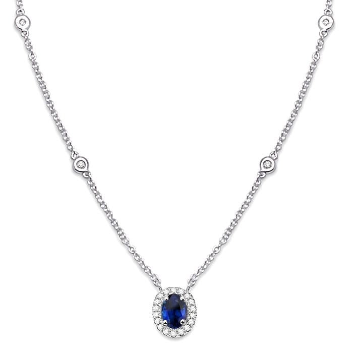 6x4 MM Oval Cut Sapphire and 1/6 Ctw Round Cut Diamond Precious Necklace in 14K White Gold