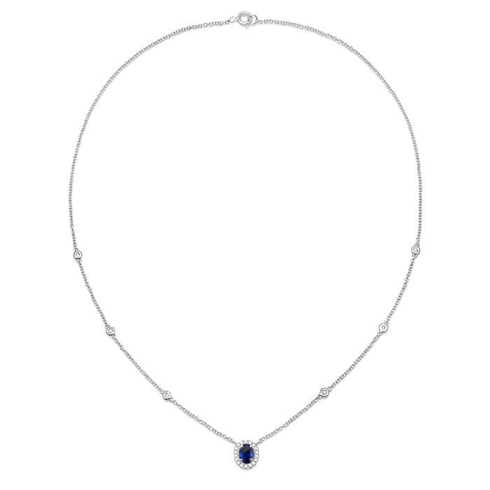 6x4 MM Oval Cut Sapphire and 1/6 Ctw Round Cut Diamond Precious Necklace in 14K White Gold