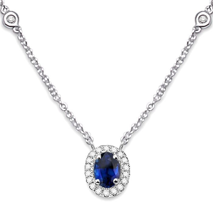 6x4 MM Oval Cut Sapphire and 1/6 Ctw Round Cut Diamond Precious Necklace in 14K White Gold