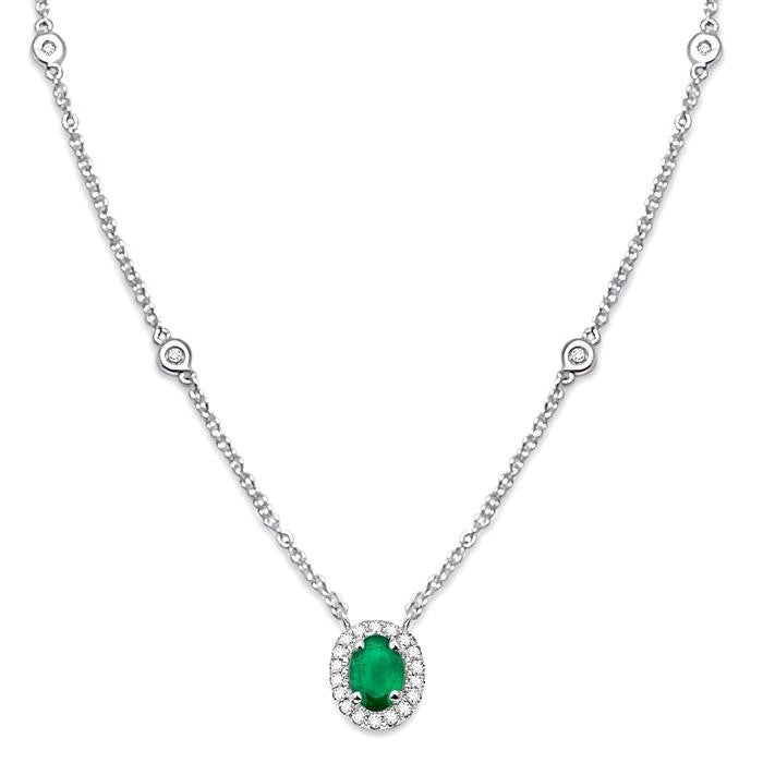 6x4 MM Oval Cut Emerald and 1/6 Ctw Round Cut Diamond Necklace in 14K White Gold