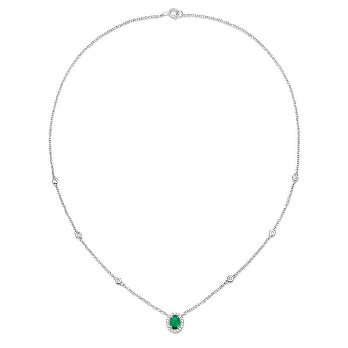 6x4 MM Oval Cut Emerald and 1/6 Ctw Round Cut Diamond Necklace in 14K White Gold