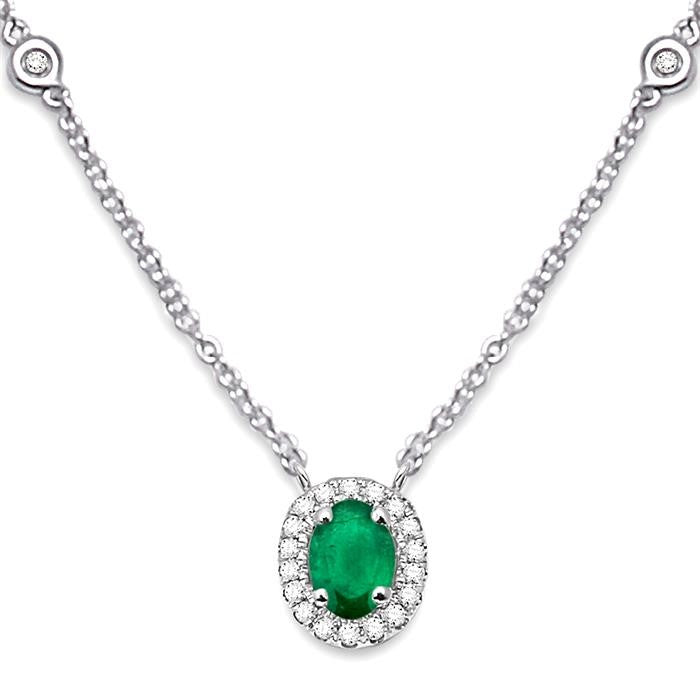6x4 MM Oval Cut Emerald and 1/6 Ctw Round Cut Diamond Necklace in 14K White Gold