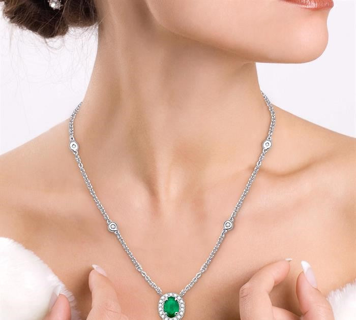 6x4 MM Oval Cut Emerald and 1/6 Ctw Round Cut Diamond Necklace in 14K White Gold
