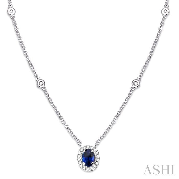 6x4 MM Oval Cut Sapphire and 1/6 Ctw Round Cut Diamond Precious Necklace in 14K White Gold