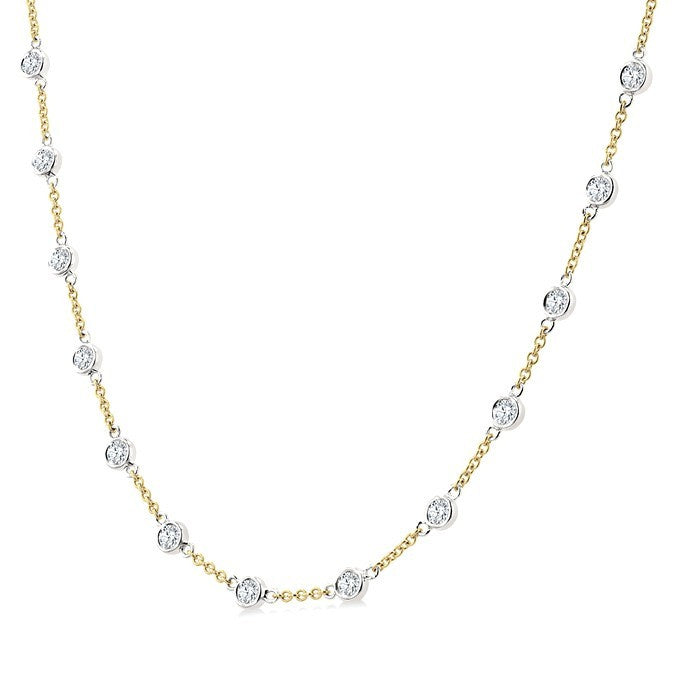 2 Ctw Bezel Set Round Cut Diamond Station Necklace in 14K Yellow and White Gold
