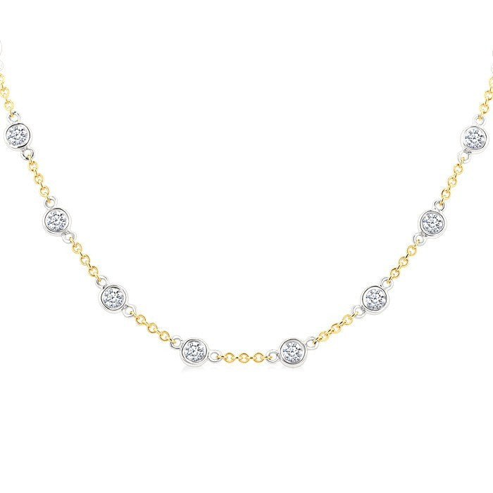 2 Ctw Bezel Set Round Cut Diamond Station Necklace in 14K Yellow and White Gold