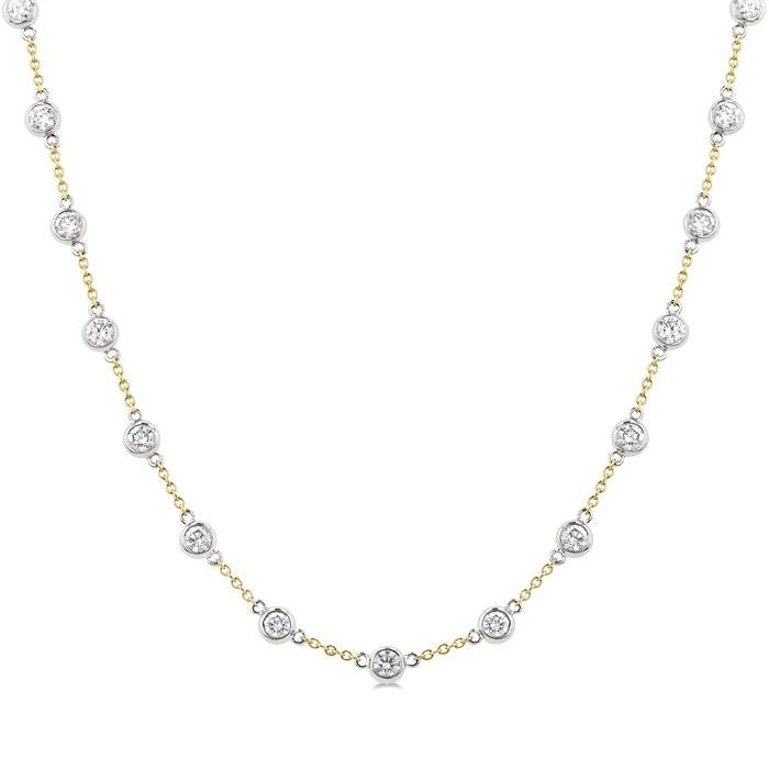3 Ctw Bezel Set Round Cut Diamond Station Necklace in 14K Yellow and White Gold