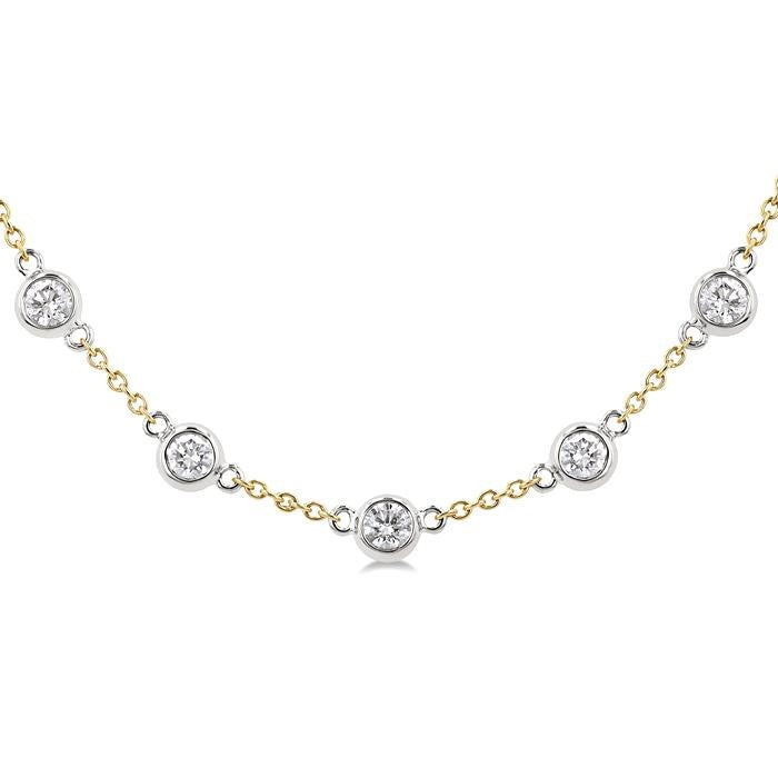 3 Ctw Bezel Set Round Cut Diamond Station Necklace in 14K Yellow and White Gold