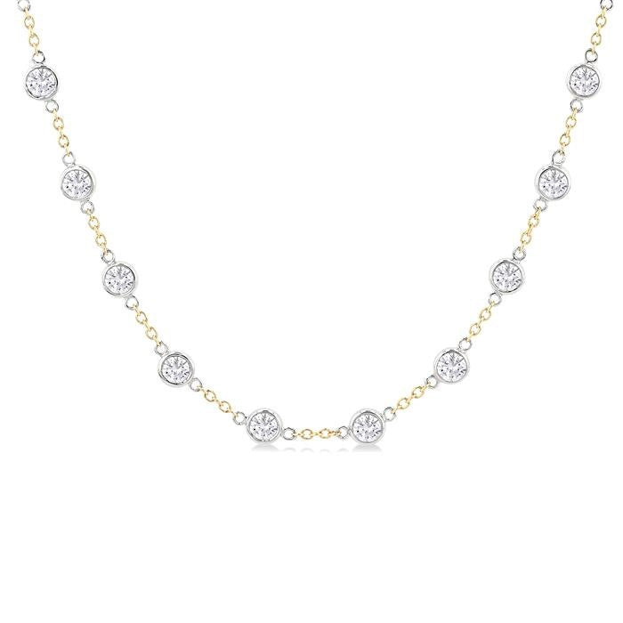 5 Ctw Bezel Set Round Cut Diamond Station Necklace in 14K Yellow and White Gold