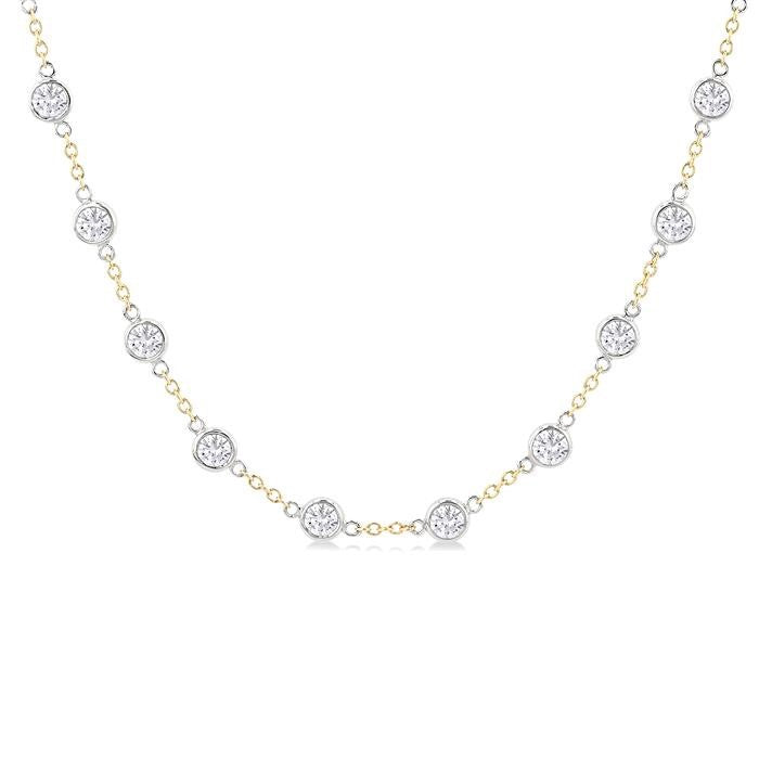 5 Ctw Bezel Set Round Cut Diamond Station Necklace in 14K Yellow and White Gold
