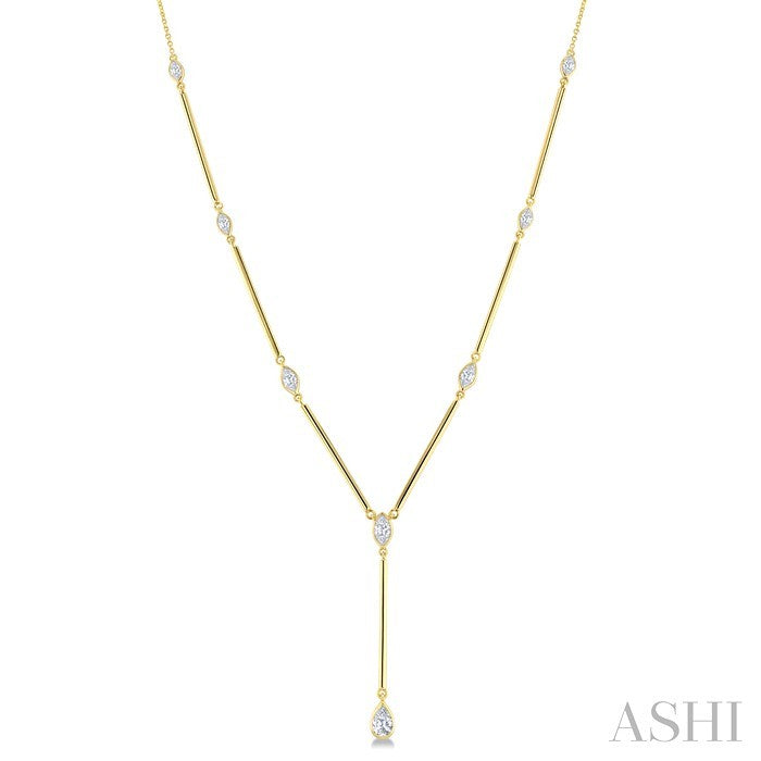 1 1/5 Ctw Bezel Set Marquise and Pear Cut Diamond Bar Necklace in 14K Yellow Gold