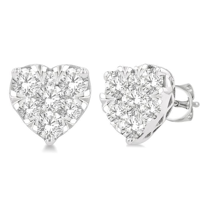 1 Ctw Heart Shape Shine Bright Round Cut Diamond Stud Earrings in 14K White Gold