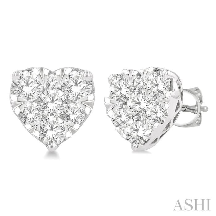 1 Ctw Heart Shape Shine Bright Round Cut Diamond Stud Earrings in 14K White Gold