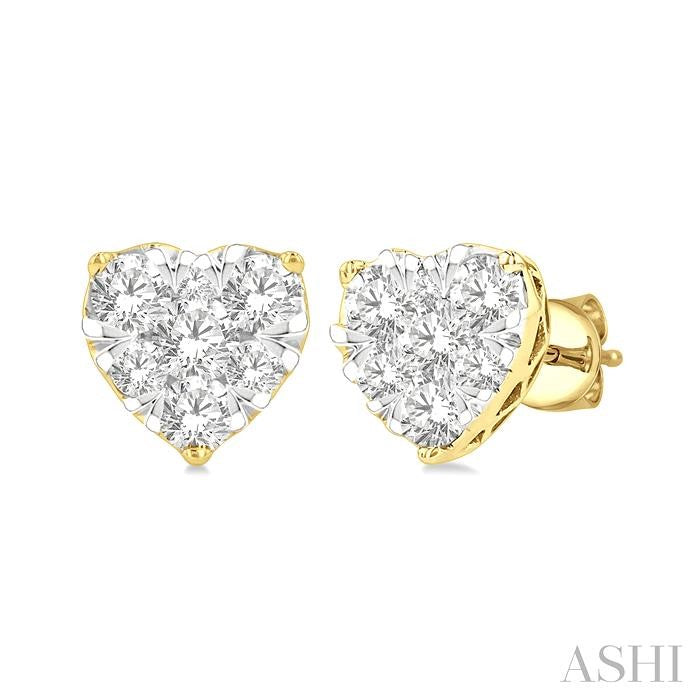 1/2 Ctw Heart Shape Lovebright Round Cut Diamond Stud Earrings in 14K Yellow and White Gold