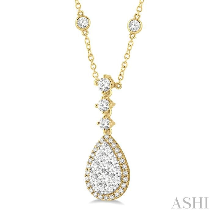 1 Ctw Round Cut Shine Bright Diamond Pear Shape Necklace in 14K Yellow and White Gold