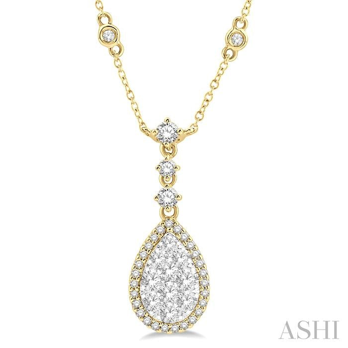 1 Ctw Round Cut Shine Bright Diamond Pear Shape Necklace in 14K Yellow and White Gold