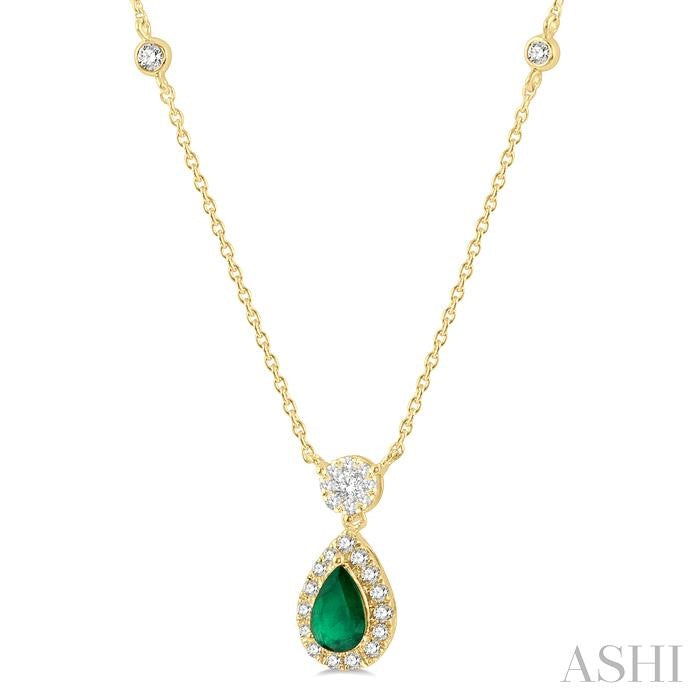 6x4 MM Pear Cut Emerald and 1/3 Ctw Round Cut Diamond Shine Bright Precious Necklace in 14K Yellow Gold
