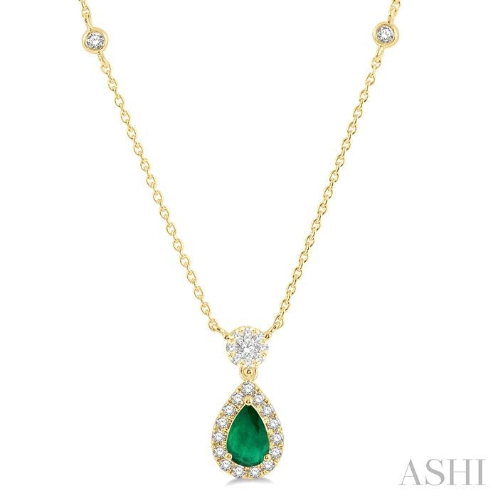 6x4 MM Pear Cut Emerald and 1/3 Ctw Round Cut Diamond Shine Bright Precious Necklace in 14K Yellow Gold