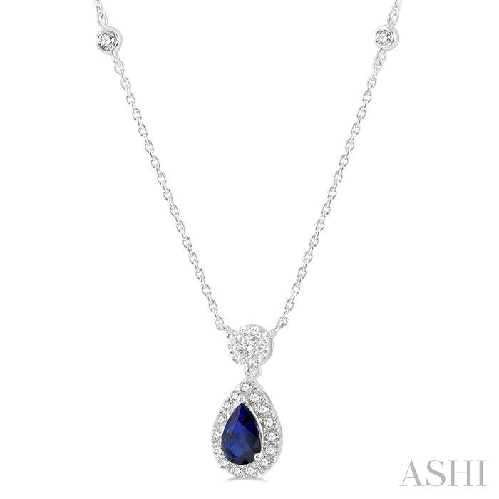 6x4 MM Pear Cut Sapphire and 1/3 Ctw Round Cut Diamond Shine Bright Precious Necklace in 14K White Gold
