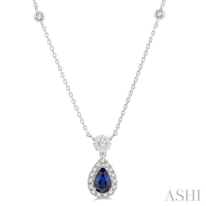 6x4 MM Pear Cut Sapphire and 1/3 Ctw Round Cut Diamond Shine Bright Precious Necklace in 14K White Gold