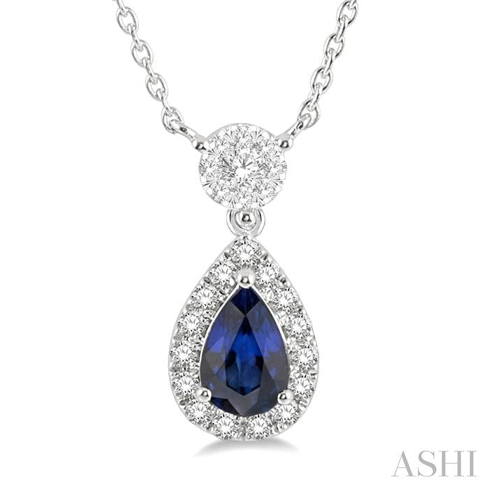 6x4 MM Pear Cut Sapphire and 1/3 Ctw Round Cut Diamond Shine Bright Precious Necklace in 14K White Gold