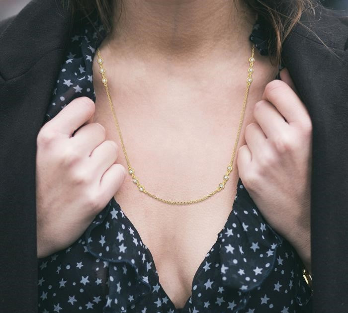 1 Ctw Round Cut Diamond Station Necklace in 14K Yellow Gold