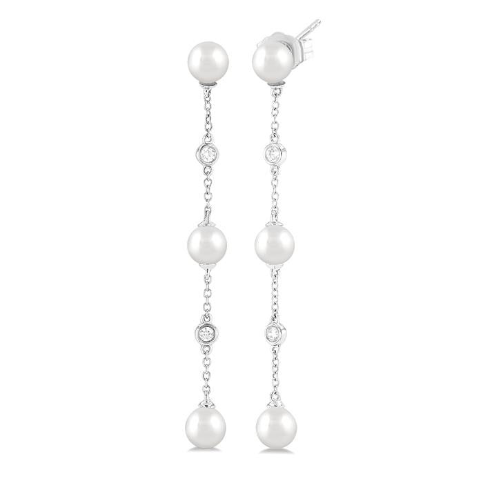 5 MM Round Shape Cultured Pearl and 1/10 Ctw Round Cut Diamond Station Long Earrings in 14K White Gold